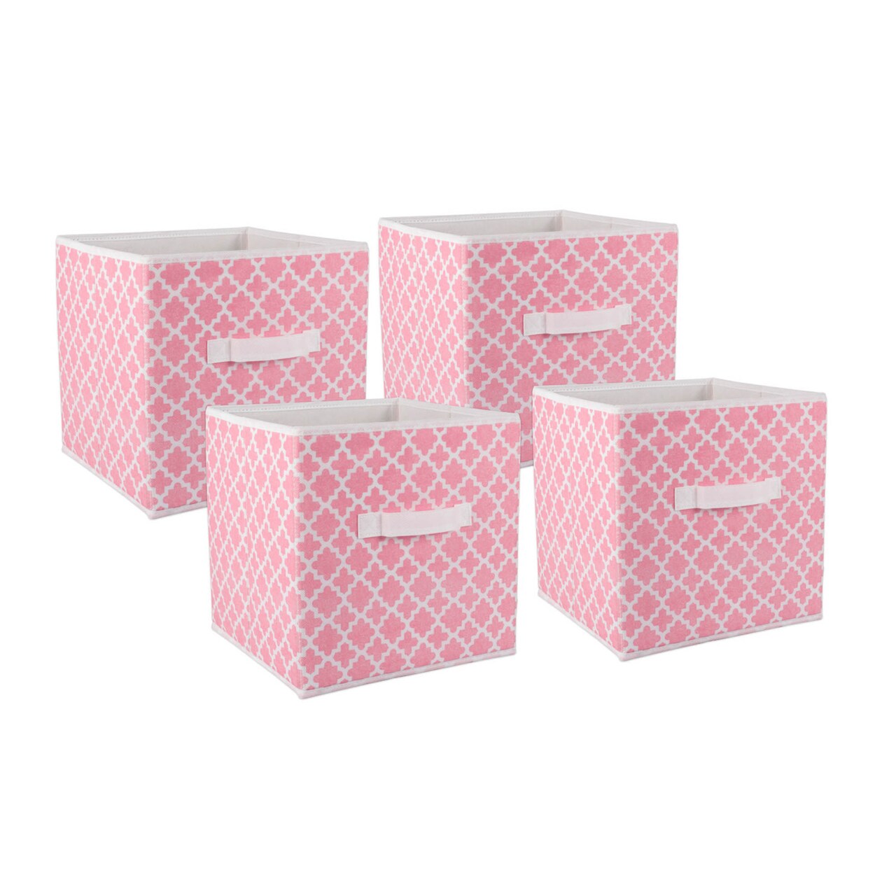Contemporary Home Living Set of 4 Pink Sorbet and White Nonwoven Polyester Cube Storage Bin with Lattice Design 11"